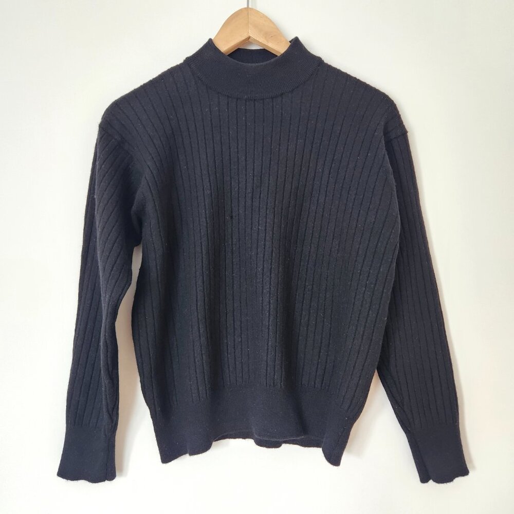 Vintage‎ Moda Italian Black Ribbed Sweater Wool 90s High Neck Minimalist Large